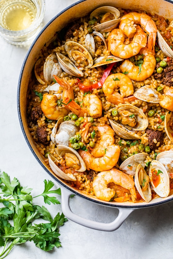 Weeknight Clam and Shrimp Seafood Paella