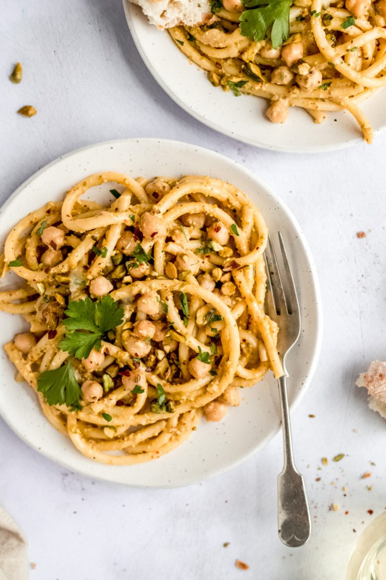 Brown Butter Pistachio Pesto Pasta with Chickpeas