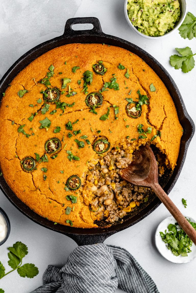 White Chicken Chili Pie with Pumpkin Cornbread Crust