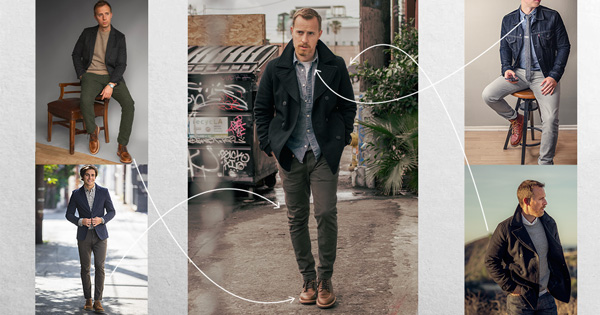 Pea Coat, Chambray Shirt, Twill Pants, and Moc Toe Boots