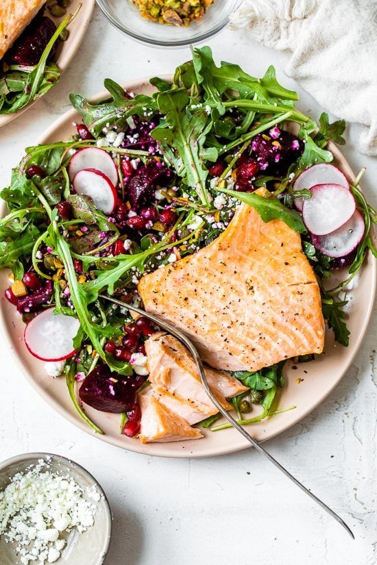 Salmon Salad with Beets, Arugula, Pistachios and Pomegranates