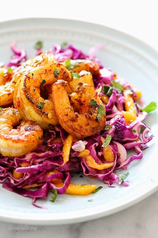 Turmeric-Garlic Shrimp with Cabbage-Mango Slaw